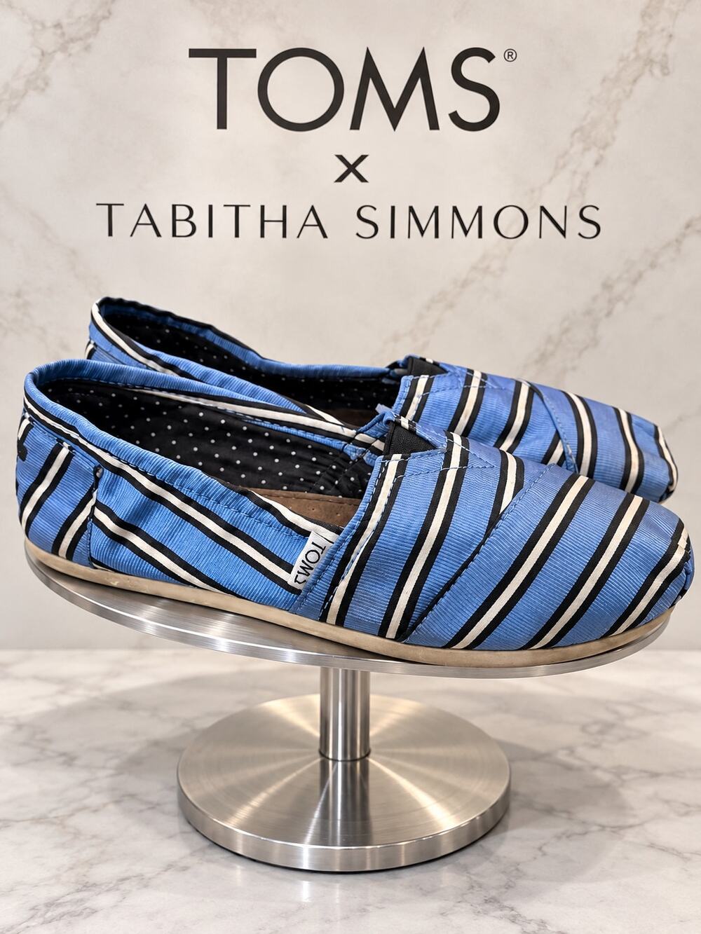 TOMS x Tabitha Simmons Blue Cricket Stripe Women’s Classic Slip-Ons 8.5